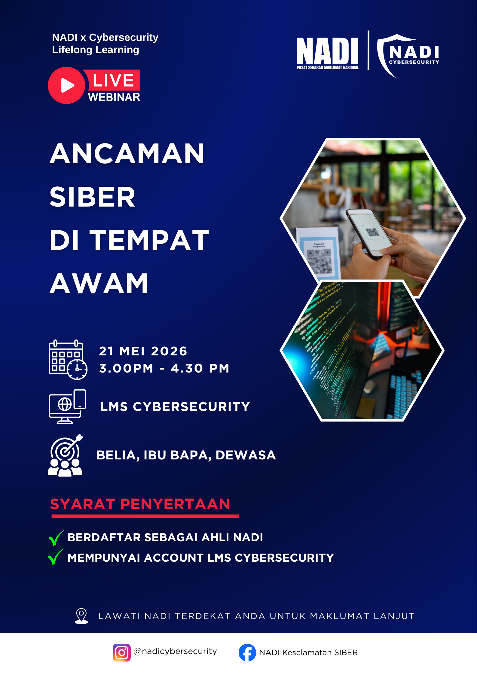 ancaman 22052026 π’ JOM SERTAI TAKLIMAT KESELAMATAN SIBER! π’ Anda sering menggunakan Wi-Fi awam? Berhati-hati, anda mungkin terdedah kepada bahaya! Ayuh fahami risiko dan cara melindungi diri anda. TAJUK: π‘οΈ ANCAMAN SIBER DI TEMPAT AWAM BUTIRAN PROGRAM: ποΈ Tarikh: 21 Mei 2026 π Masa: 3.00 Petang β 4.30 Petang π» Platform: LMS Cybersecurity π₯ Sasaran: Belia, Ibu Bapa & Dewasa SYARAT PENYERTAAN: β
Berdaftar sebagai Ahli NADI. β
Mempunyai akaun LMS Cybersecurity. LOKASI & PERTANYAAN: π Sila hadir ke: NADI Taman Kuang Raya π Hubungi kami di: 012-2714918 Jangan lepaskan peluang untuk tingkatkan ilmu keselamatan digital anda. Klik atau hadir segera ke NADI terdekat untuk maklumat lanjut! #NADI #CyberSecurity #KeselamatanSiber #TamanKualaRaya #LMS See less