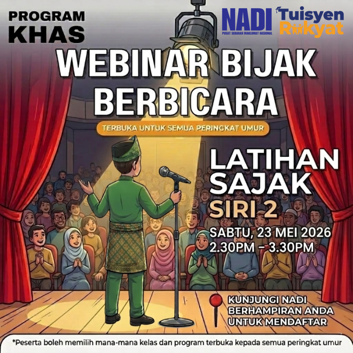 sajak 2 π’ WEBINAR BIJAK BERBICARA SIRI 2 π’ Hello semua! π Adakah anda berminat untuk meningkatkan keyakinan dan kemahiran berbicara melalui penghayatan sajak? Atau ingin belajar cara menyampaikan sajak dengan lebih menarik dan berkesan? Jangan risau! Jom sertai Webinar Bijak Berbicara Siri 2 yang akan membimbing anda memahami dan menyampaikan sajak dengan lebih yakin, jelas dan penuh ekspresi! π€β¨ ποΈ Tarikh: 23 Mei 2026 (Sabtu) π Masa: 2.30 PM β 3.30 PM π Tempat: Dalam Talian π₯ Sasaran: Terbuka kepada semua lapisan umur (tiada had umur) π― Topik: Latihan Sajak Sesi ini akan memberi fokus kepada latihan praktikal penyampaian sajak, termasuk teknik sebutan, intonasi suara, ekspresi dan penghayatan bagi membantu anda tampil lebih yakin! π‘π π Sebarang pertanyaan boleh hubungi π: Dalina/Amira: wasap.my/60122714918/SAJAK